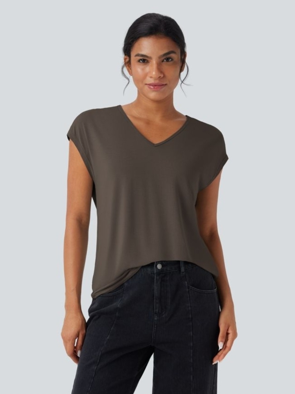 HALARA Women's V-Neck Short Sleeve Tee in Olive Brown